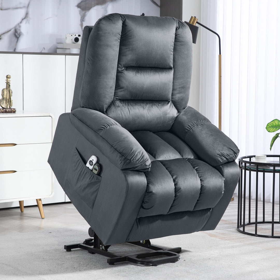 Massagestol stand-up aid seniorstol afslappende stol, 8 massagepunkter, 2 sidelommer, 85 cm x 94 cm x 107 cm, grå