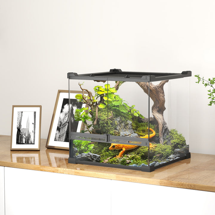 Glas krybdyrterrarium med hævet og vandtæt bund og knaplås