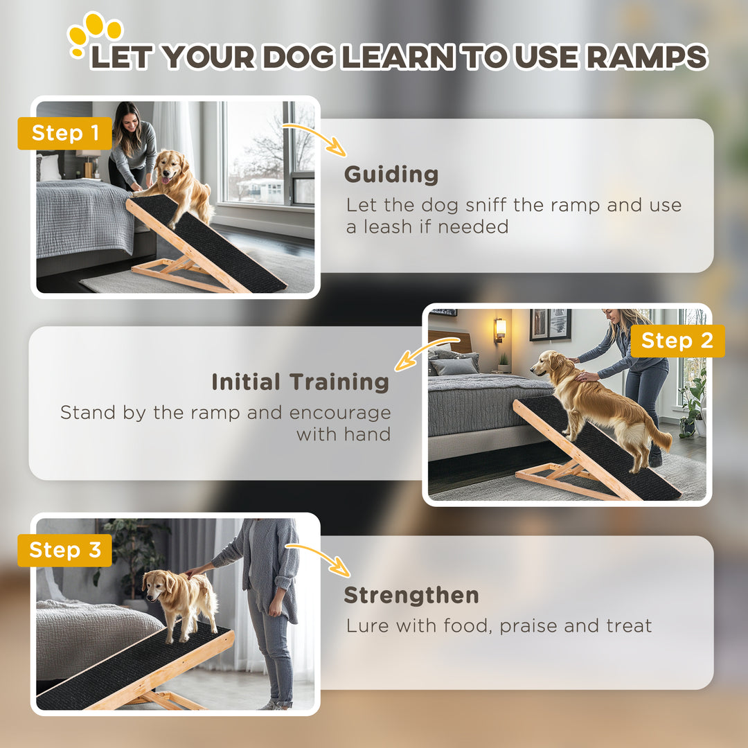 Dyrerampe med skridsikkert tæppe, justerbar dyrestige, hundelarampe til store hunde, fyrretræ, polyester, sort + naturtræ, 90B x 40D x 61H cm