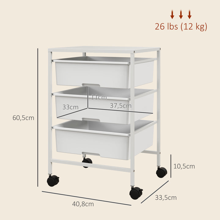 Sidebord med hjul, 3 kurve til transport og opbevaring, køkkenrulle, 40,8L x 33,5B x 60,5H cm, hvid