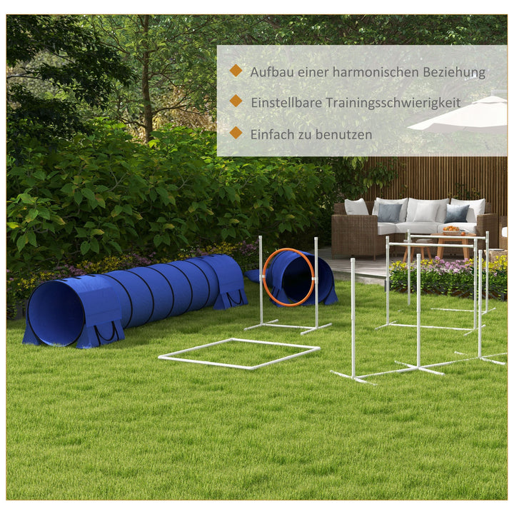 Agility sæt til hunde, 1 dæk, 2 tunneler, 2 hækkeløb, 321 cm x 63 cm x 93 cm, blå + rød + hvid