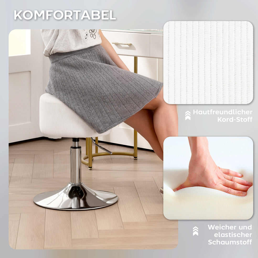 Barstol, polstret barstol med metalstel, corduroy look, højdejusterbar 360° drejelig hvid