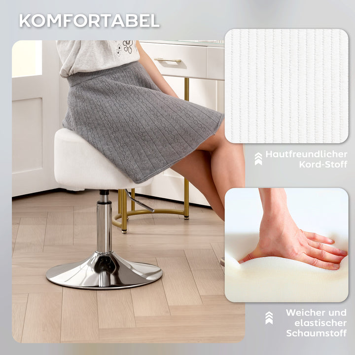 Barstol, polstret barstol med metalstel, corduroy look, højdejusterbar 360° drejelig hvid