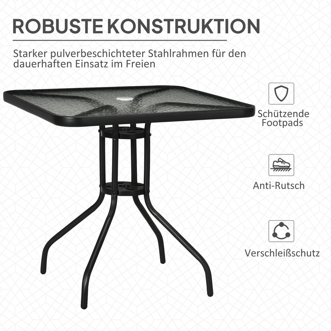 Aftageligt havebord i metal, 76x76 cm, vejrbestandigt balkonbord med parasolhul, skridsikkert, sort