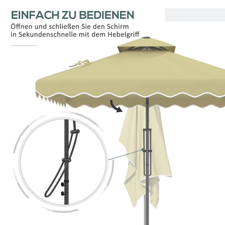 Haveparasol, hængende parasol, dekorativ kant, ventileret tag, metalramme, 2,4x2,4x2,6m, beige
