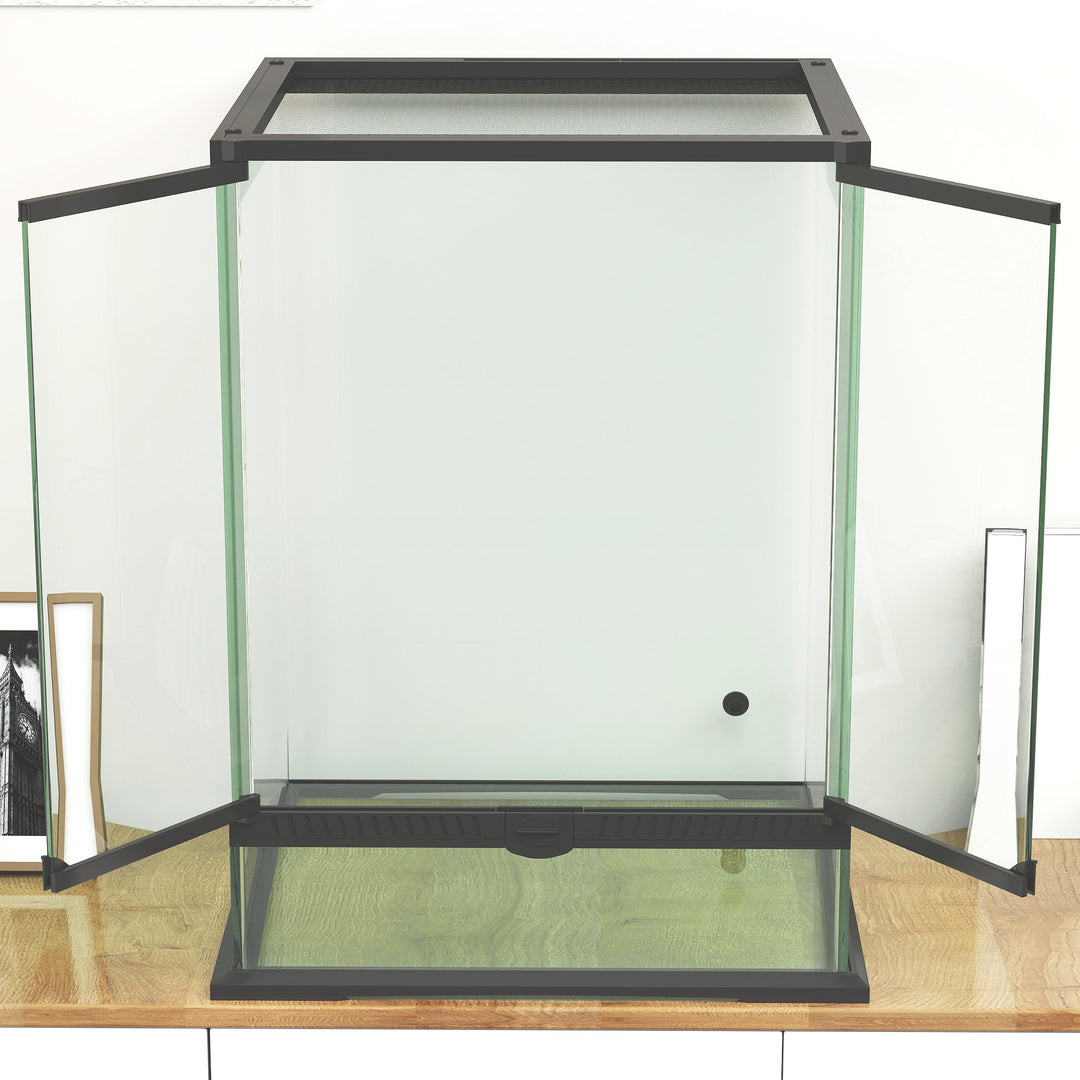 Terrarium, glasindkapsling, aflåselig, kabelhåndtering, 45x45x60cm, sort
