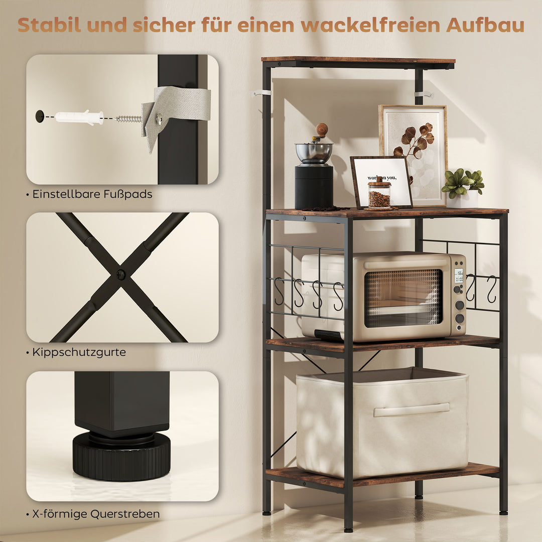 Køkkenhylde, 4-etagers design, bordplade, 8 kroge, metalrør, brun+sort