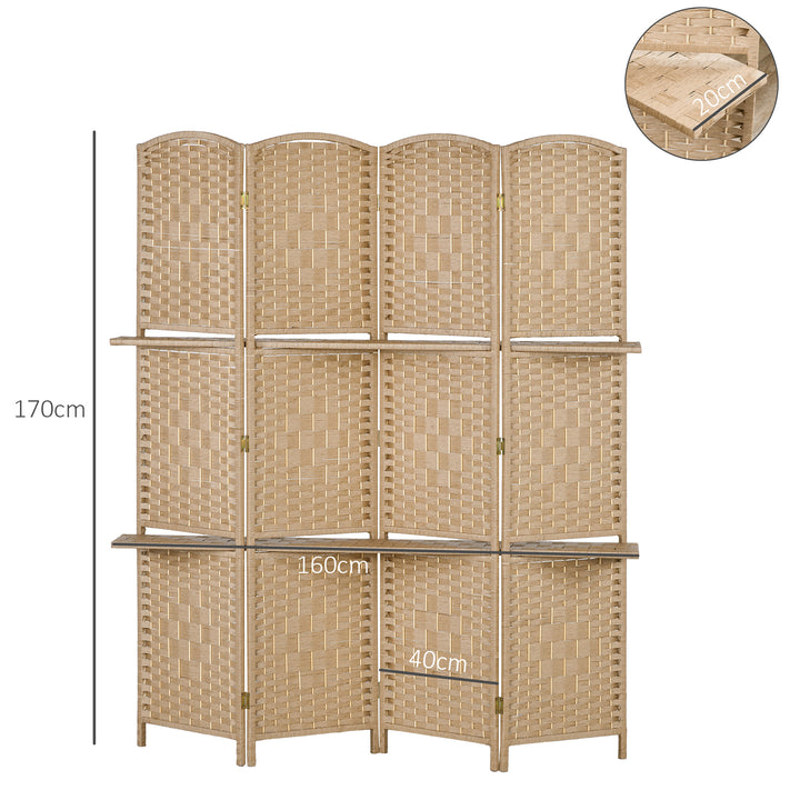 4-panels foldeskærm, 160 x 170 cm, foldbar skillevæg med 2 hylder, naturtræ