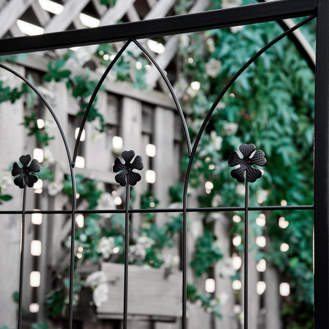 Plantebue med bænk, siddebænk, buegang, espalier, klatrehjælp, have, buet tag, metal, sort, 154 x 60 x 205 cm