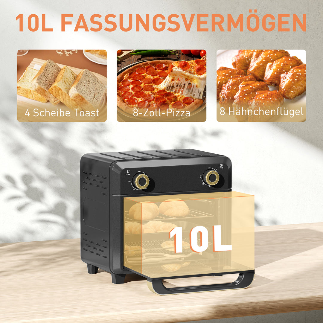 Miniovn med varmluft, airfryer, timer, indvendig belysning, 10L, sort