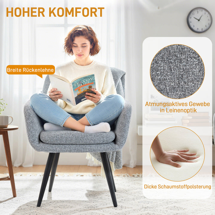 Moderne accentstol, polstret stol med metalben, linnedlook, lysegrå