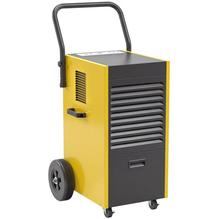 Kommerciel affugter 70L/dag med hjul og håndtag, kontinuerlig afløbsslange, 24-timers timer, 5,5L tank, gul