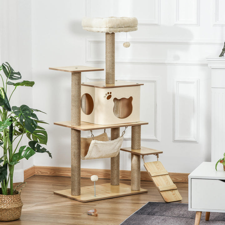 Trækradsetræ med kattehule, jutestolper, stor platform, legebolde, 130 cm høj, stabil, plys, gul, 60 x 40 x 130 cm