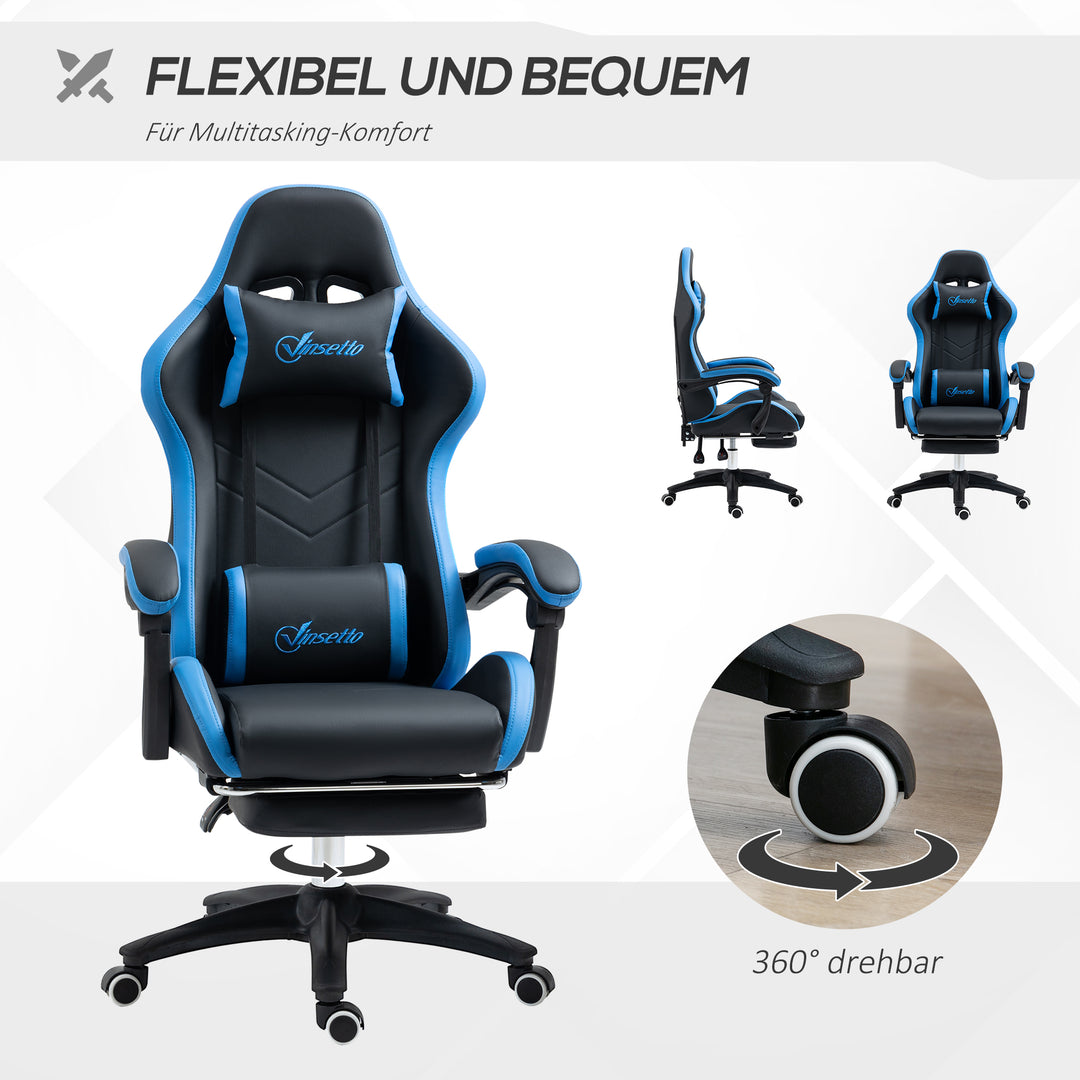 Kontorstol, gamingstol, 1 nakkestøtte, 1 lændestøtte, blå + sort