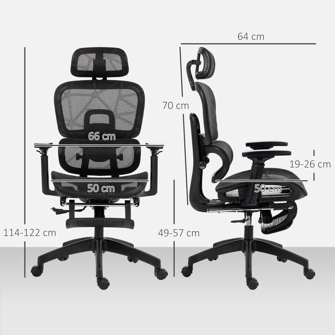 Kontorstol, ergonomisk skrivebordsstol med netbetræk, justerbar, rullbar, med armlæn, nakkestøtte, sort