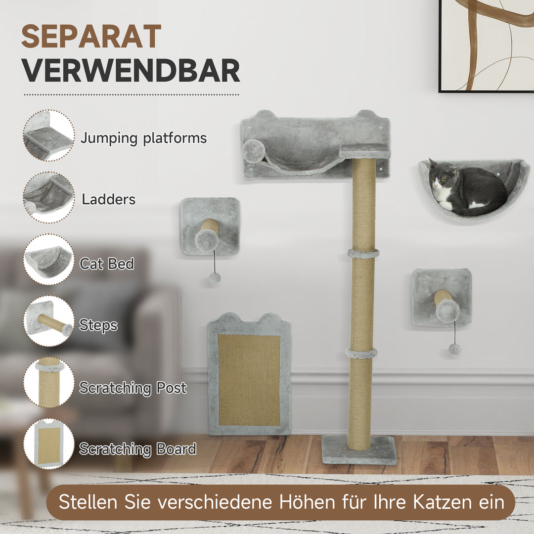 5-Delt vægmonteret klatresæt til indekatte med kradsetræ, kradsemåtte, katteseng og legetøjsbolde, lysegrå