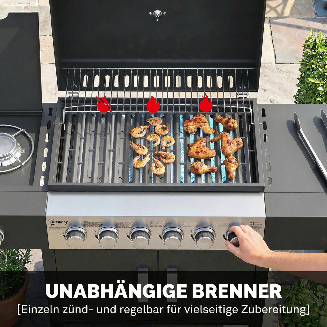 Gasgrill 17,8 kW 6+1 brænder BBQ grillvogn lavet af rustfrit stål inklusive hjul, sidebrænder, termometer, emaljeret grillrist