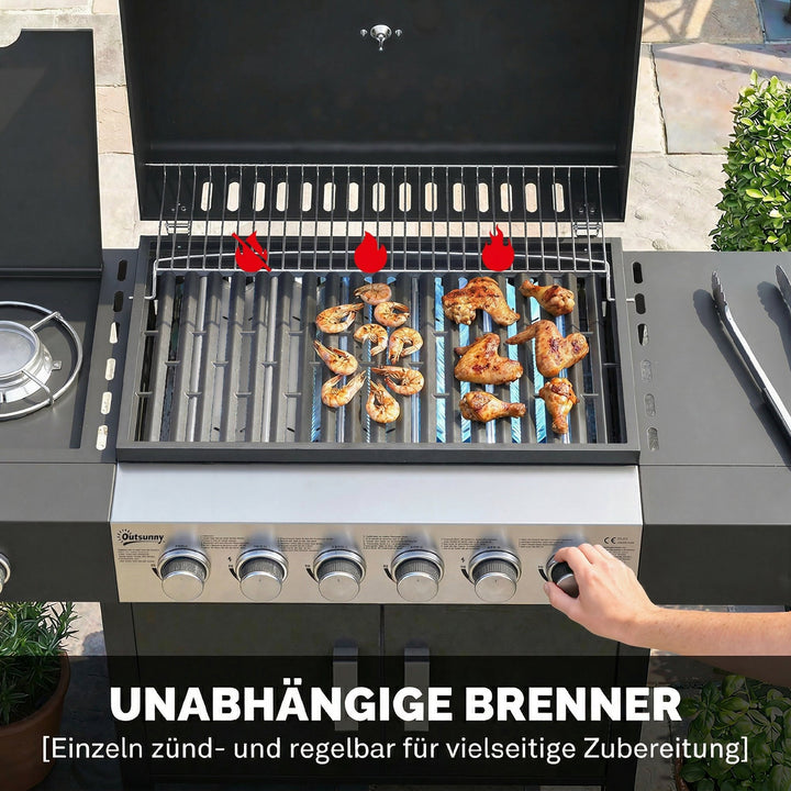 Gasgrill 17,8 kW 6+1 brænder BBQ grillvogn lavet af rustfrit stål inklusive hjul, sidebrænder, termometer, emaljeret grillrist