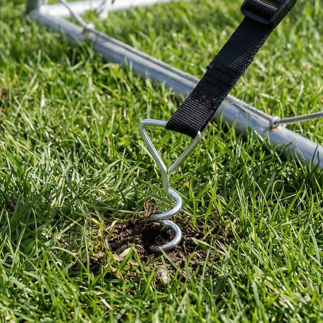 Jordankerskruesæt med 4 stk., 32 cm spiralformede trampolinpæle, ankre med trekantet håndtag, justerbare stropper, sølv