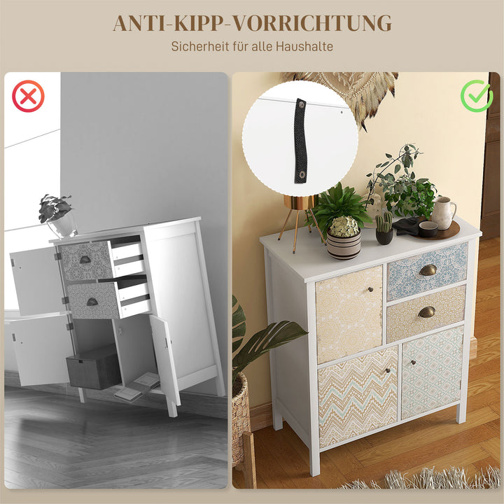 Skænk, shabby chic kommode, 2 skuffer, 3 skabsrum, fyrretræ, 68x34x80cm, hvid