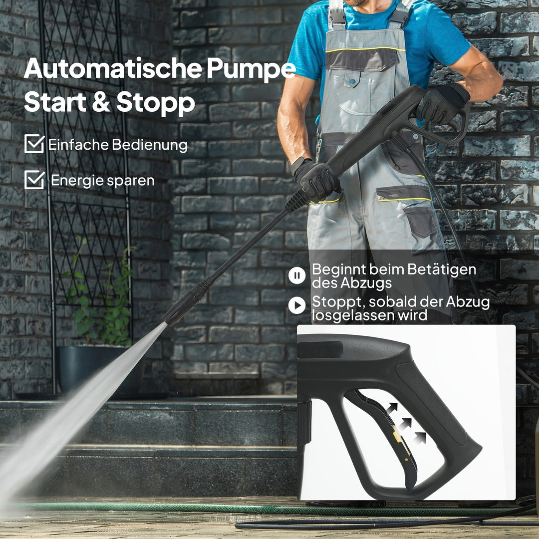 Højtryksrenser med aluminiumspumpe, 135 bar maksimalt tryk, 1800W effekt, 540 L/t flowhastighed, 5m slange, justerbar dyse og håndtag