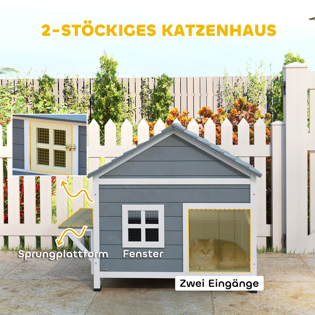 Trækattehus, 2-etagers kattehule med vandtæt hængslet tag, sideplatform, 101x72,5x81 cm, grå