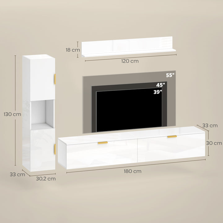 Svævende TV-bord med hængslede døre, underholdningscenter, væghylde, skab, 180 cm, hvid højglans