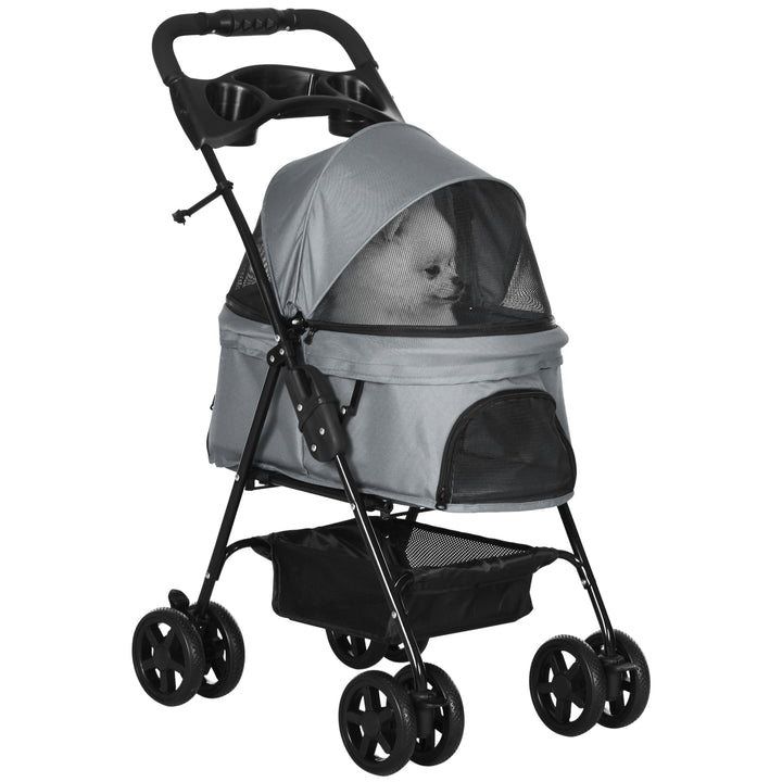 Hundevogn/klapvogn, foldbar, op til 4 kg, netvindue, gulvkurv, kopholder, aftagelig baldakin, grå, 67 x 45 x 96 cm