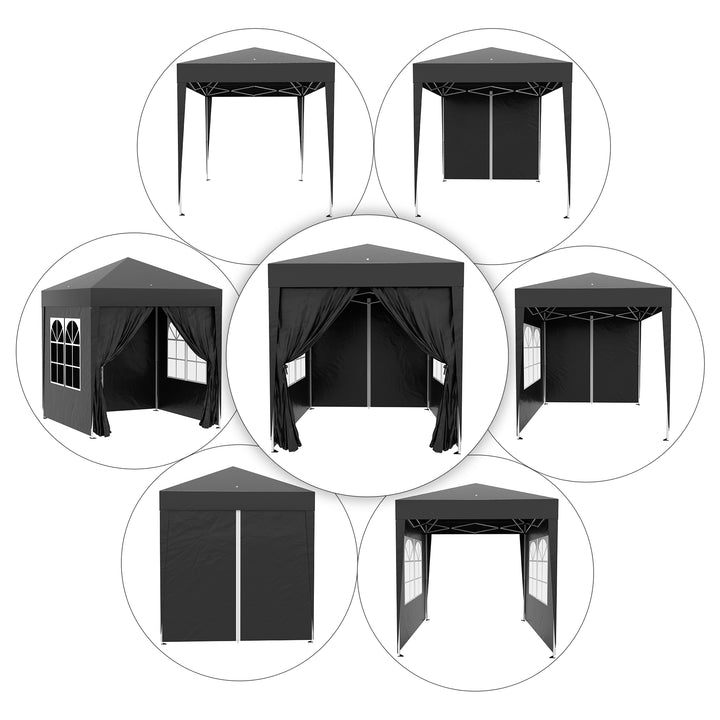 Foldbart pavillon, øltelt, 4 aftagelige sidepaneler, 2 vinduer, metalramme, 2 x 2m, sort
