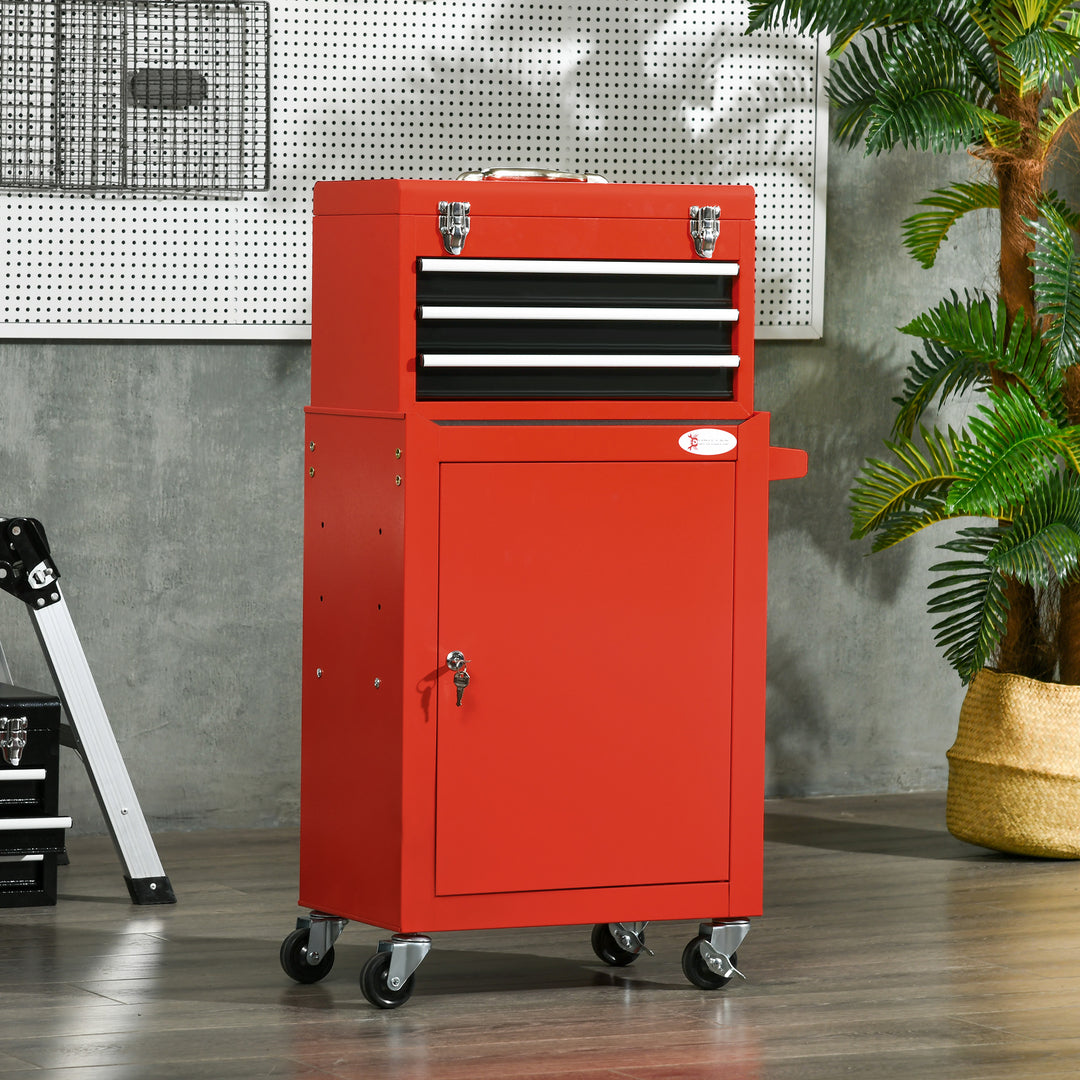 2-I-1 mobil værktøjsvogn med 3 skuffer og værktøjstavle, stålkabinet, 46l x 28b x 94h cm, rød