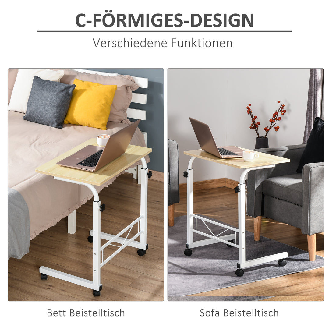 Sidebord højdejusterbart sofabord mobilt endbord med hjul låsebremser c-borde spånplade stål jern plastik hvid ahornfarve 60 x 40 x 68-78 cm