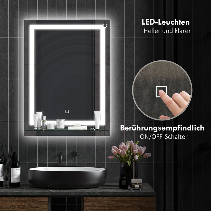 LED badeværelsesspejl, dæmpbart, antidug, touch-afbryder, hylde, 50 x 70 cm, sølv