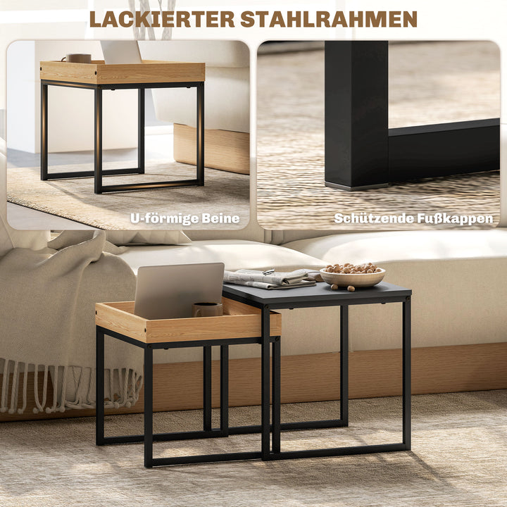 Moderne sofabord, sæt med 2 sofaborde, til små rum, firkantet, mdf, metal, sort