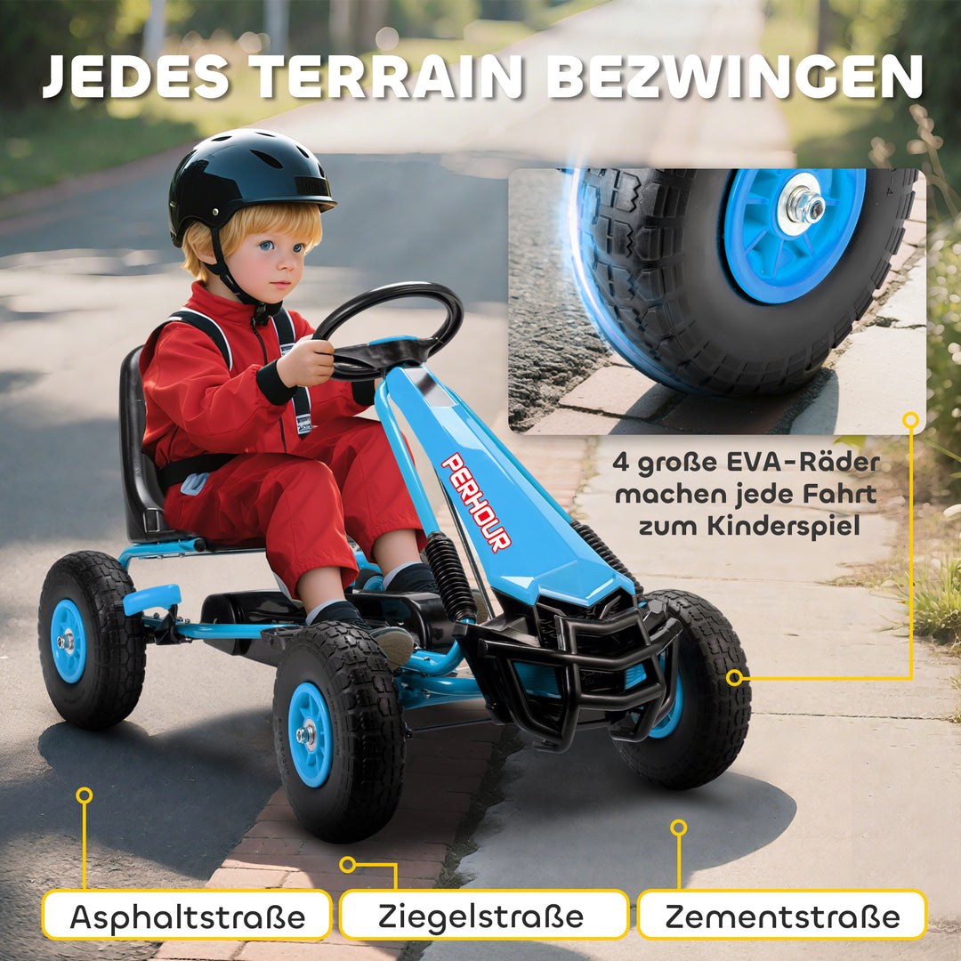 Pedal-gokart til børn, højdejusterbart sæde, EVA-hjul, bremse, kobling, alder 3-8, blå
