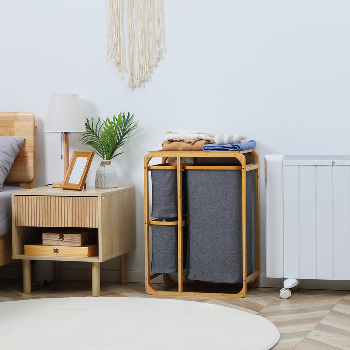 Bambus vasketøjskurv, 3 udtagelige kurve, 50 cm x 32 cm x 69,7 cm, naturgrå