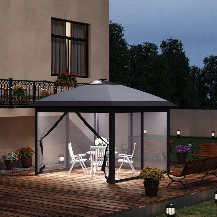 3,3 x 3,3 m foldbar pavillon med LED-belysning, netgardiner, bæretaske, grå