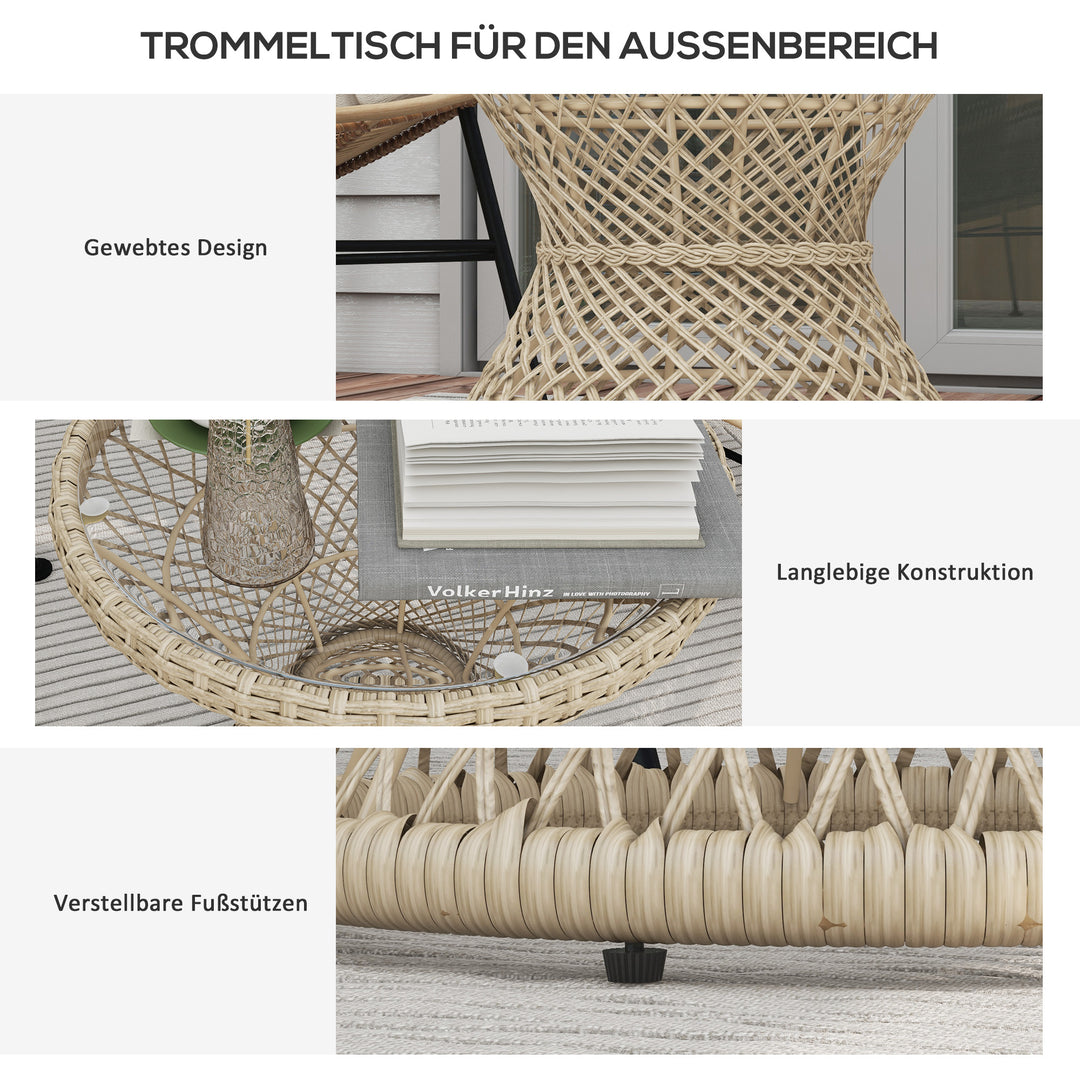 Sofabord/sidebord, boho design, glasplade, PE-rattan, 45 cm x 45 cm x 52 cm, natur