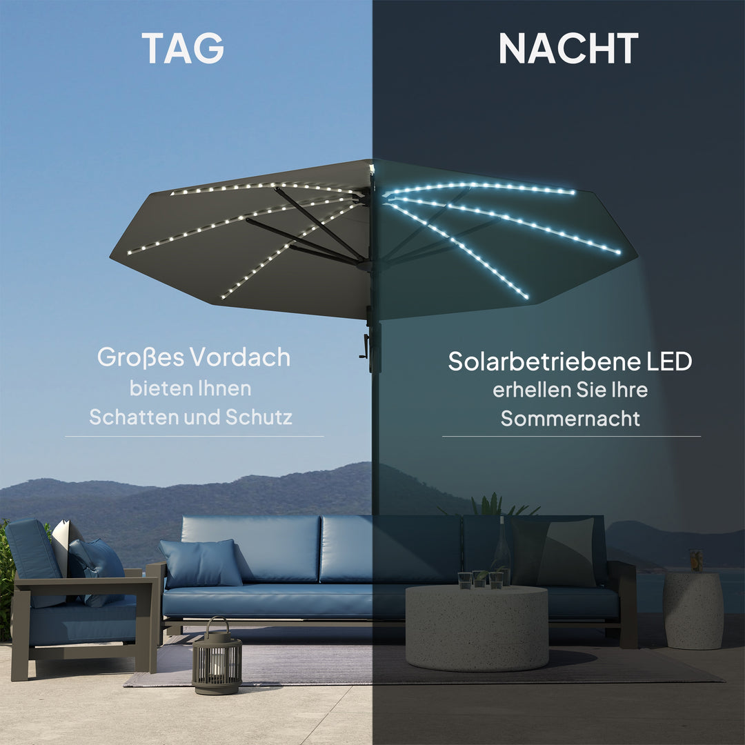 Aluminiums cantilever parasol led solcelle 300 cm højdejusterbar parasol med håndsving uv50+ mørkegrå