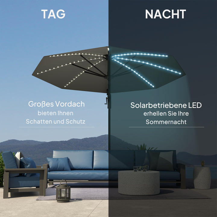 Aluminiums cantilever parasol led solcelle 300 cm højdejusterbar parasol med håndsving uv50+ mørkegrå