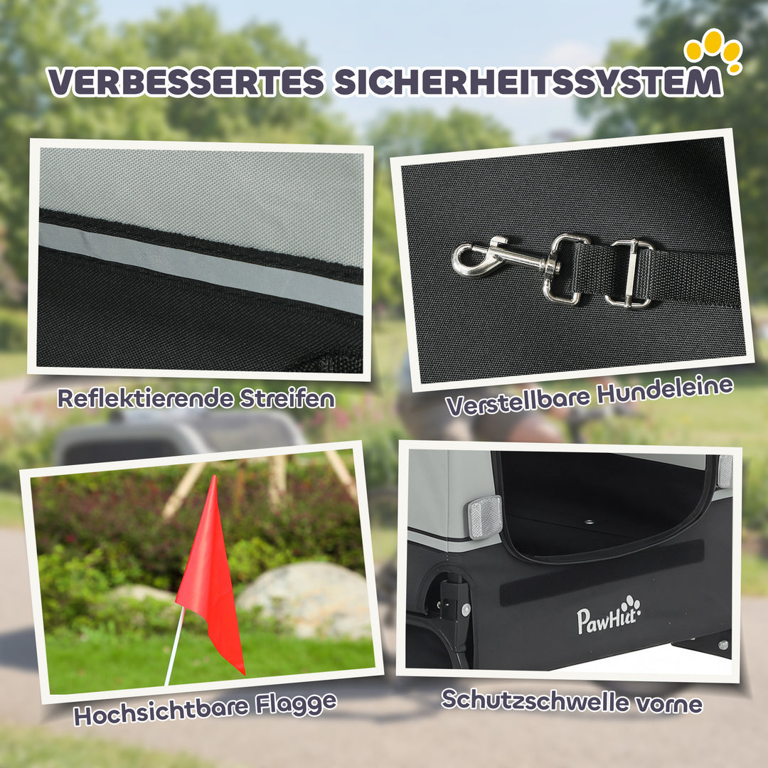 Sammenklappelig cykeltrailer til mellemstore hunde op til 20 kg med nedklappelig rampe, reflekser, snor, flag, grå.