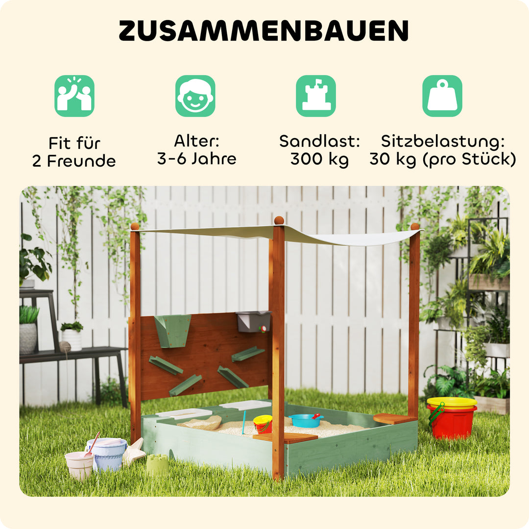 Sandkasse med soltag til børn, 2 opbevaringsbeholdere, 116l x 112,5b x 128h cm, grantræ, plastik, grøn