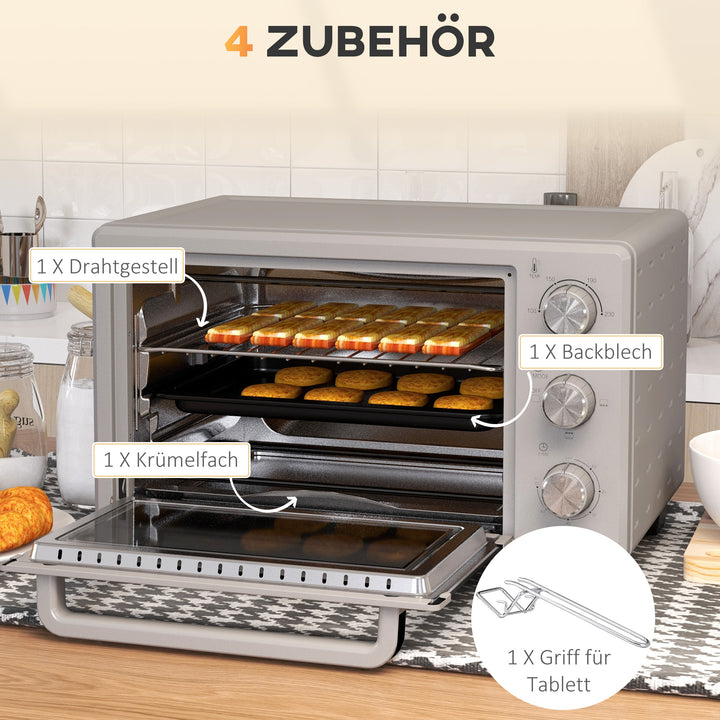 Miniovn, 21 l brødristerovn med 1 rist og 1 bageplade, 3 tilberedningstilstande, 100°c-230°c, rustfrit stål, glas, sølv