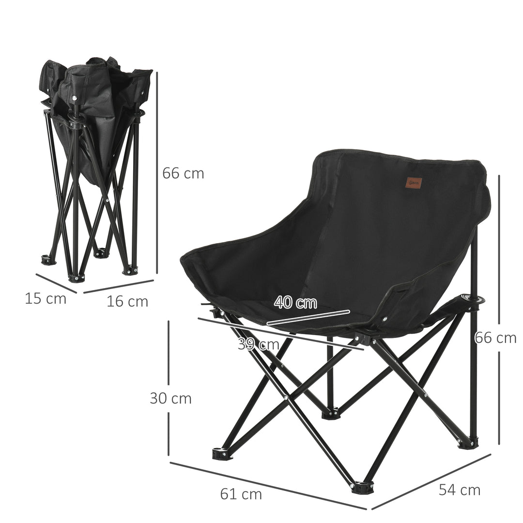 Foldbar campingstol med stålramme og stofsæde og bæretaske, sort