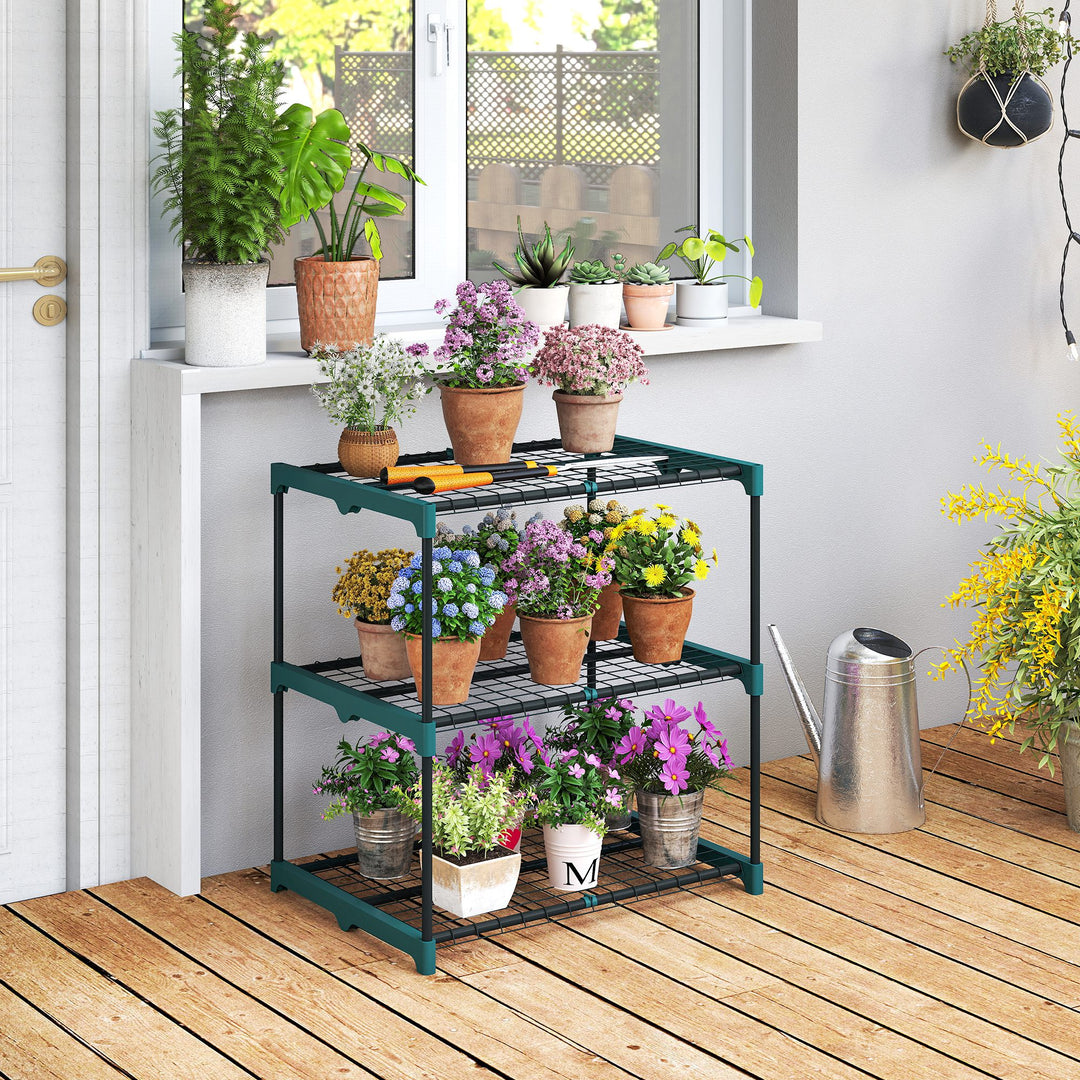 3-lags plantestativ, 72 cm højt, blomsterstativ til indendørs og udendørs brug, stål plantehylde, mørkegrøn