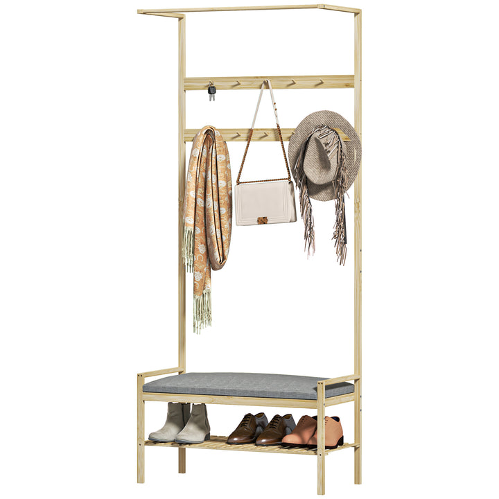 Garderobe med skobænk, bøjlestang, 10 knagerækker, skohylde, bambus