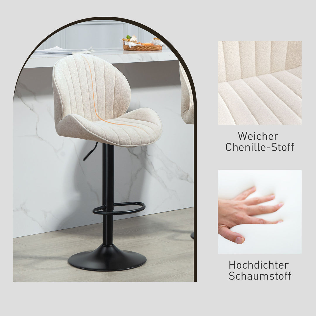 Sæt med 2 barstole, stofbetræk, justerbar sædehøjde, drejelig, stålstel, beige