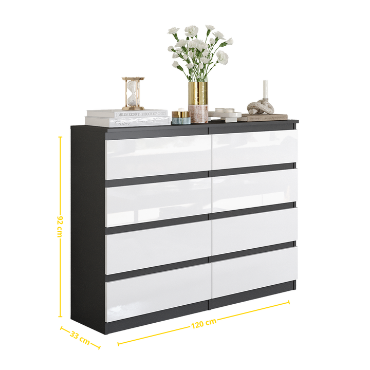 GABRIEL - Kommode / skænk med 8 skuffer - Antracit / Hvid Højglans - H92cm B120cm D33cm