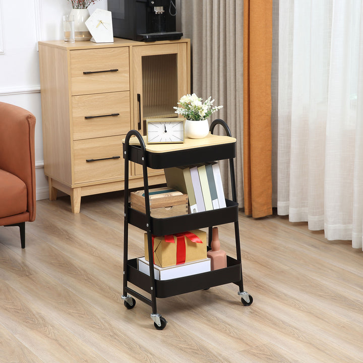 Trolley, serveringsvogn med 3 kurvehylder, metal, plastik, sort