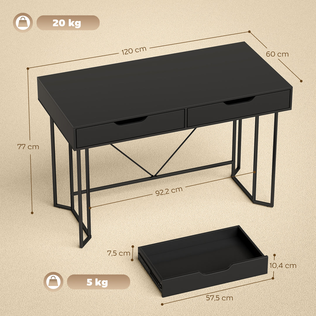 Lille computerbord med 2 skuffer, skrivebord med stor arbejdsflade 120 x 60 x 77 cm Sort