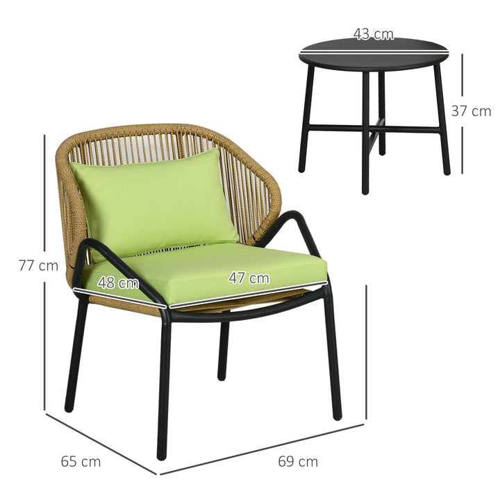 Rattan havemøbelsæt, 3 dele, sæde- og ryghynder, kunstig rattan, metalramme, grøn